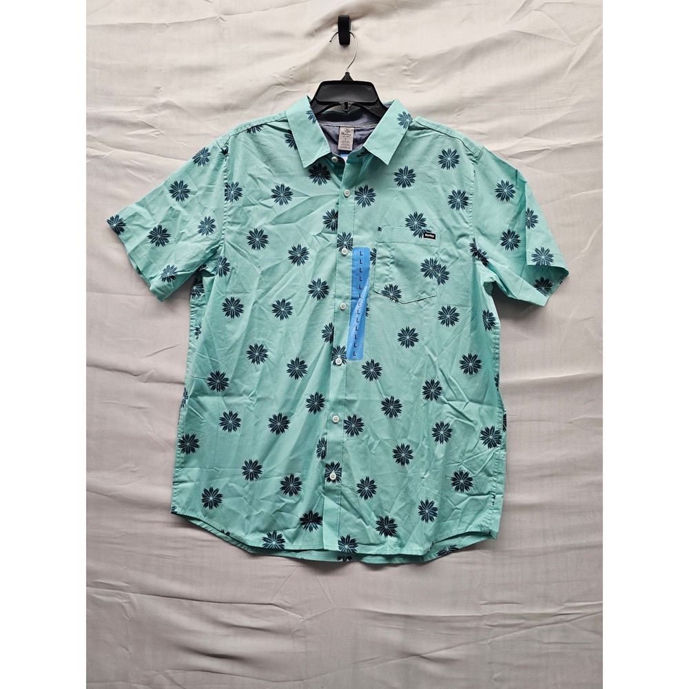 Hurley Mens Floral Short Sleeve Button Down Turquoise Cotton Blend Casual Size L